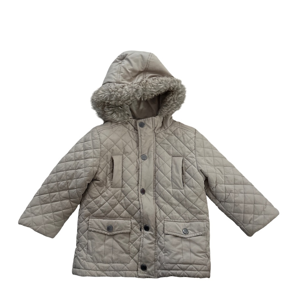 Jacadi Paris Quilted Hooded Jacket with Faux Fur Trim - size 36M